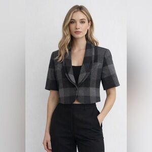 Adam Lippes Women’s Cropped Wool Blazer Gray Black Buffalo Plaid Short Sleeve 10